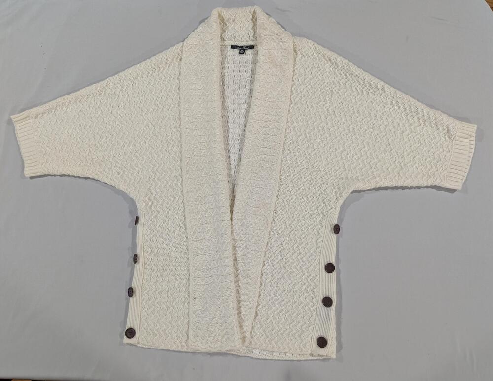 Anne French Cardigan Sweater Womens M White Cable Knit Open Dolman Side Button